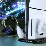 PS5 Slim Cooling Stand with Charging Station for Playstation 5 Slim Console(Digital/Disc), Controller Charger Slim Accessories Cooler Silent Fan. Headset Holder, 3 USB Hub, 8 Game Storage - Black