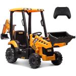 ENYOPRO 12V JCB Electric Backhoe Loader Toy Car for Kids, Battery Powered Ride on Construction Vehicle Toys w/Front Loader & Excavator, Remote Control, Moving Parts, Adjustable Seat, Soft Start