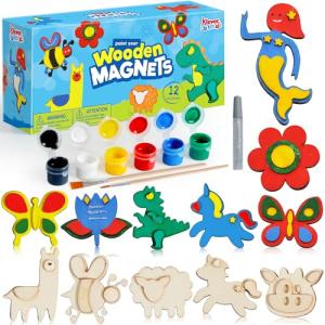 JOYIN 12 pcs Wooden Magnets, Spring Arts & Crafts for Boys and Girls, Children Painting Craft Activities Kit, Craft Toys Gifts for Birthday Easter Christmas
