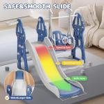 Rengue 4 in 1 Toddler Swing and Slide Set for Age 1-6 Indoor Playground for Children Baby Swing Set with Slide, Climber, Basketball Hoop and Long Slide for Boys and Girls Blue