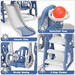 Rengue 4 in 1 Toddler Swing and Slide Set for Age 1-6 Indoor Playground for Children Baby Swing Set with Slide, Climber, Basketball Hoop and Long Slide for Boys and Girls Blue