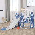 Rengue 4 in 1 Toddler Swing and Slide Set for Age 1-6 Indoor Playground for Children Baby Swing Set with Slide, Climber, Basketball Hoop and Long Slide for Boys and Girls Blue