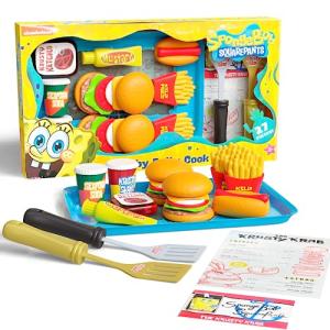 Spongebob Kids Kitchen Playset - Interactive Play Food with 2 Krabby Patty Burgers, Seafoam Shake, Kelp Fries, Spongebob Toys Kitchen Set for Kids Ages 3-5