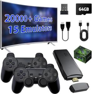 Upgrade Wireless Retro Game Console Stick, ZeroStory Retro Video Game Console Stick Built in 20000+ Games with 15 Emulators, 4K HDMI Output with 2 2.4G Wireless Controllers (64GB Memory Card)