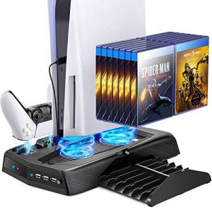 UeeVii PS5 Vertical Stand with Cooling Fan Dual Charging Station Dock for Playstation 5 Digital Edition and DualSense 14 Retractable Game Storage 3 USB Ports