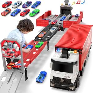 Carrier Truck Race Track Kids Toys, Foldable 3 Layer Car Race Track Playset, Toy Truck Transport Car Carrier & 8 Race Cars, Truck Car Toddlers Toys Xmas Gifts for Age 3 4 5 6+ Years Old Boys Girls