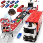 Carrier Truck Race Track Kids Toys, Foldable 3 Layer Car Race Track Playset, Toy Truck Transport Car Carrier & 8 Race Cars, Truck Car Toddlers Toys Xmas Gifts for Age 3 4 5 6+ Years Old Boys Girls