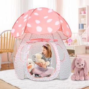 ENCHEAR Kid Play Tent Pop Up Tent Indoor Outdoor Large Space Playhouse for Boys and Girls Foldable Unique Mushroom Tent Patented (43in*57in, Pink Mushroom)