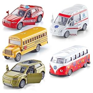KIDAMI Die-cast Metal Toy Cars Set of 5, Openable Doors, Pull Back Cars Ambulance, Gift Pack for Kids (Official Car Ⅱ)