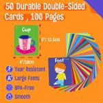 50 PCS Kid First Cognitive Flashcards,Double Sided Printed 7 in 1 Colorful Cards Alphabet,Numbers, Foods,Animals,Shapes,Colors with 3 Reclosable Rings,Learning Tool for Pre-K Kindergarten Toddlers