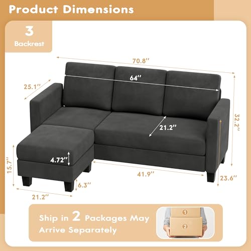 VICTONE Convertible L-Shaped Sectional Sofa with Movable Ottoman