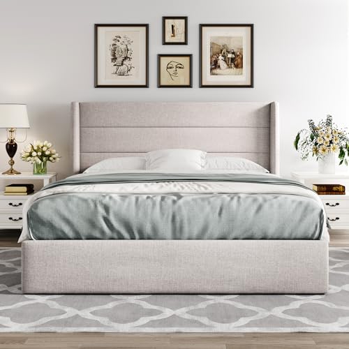 Allewie Queen Storage Bed with Modern Wingback Headboard