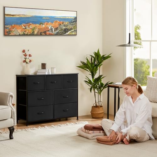 Fabric Storage Tower with 7 Drawers and Wooden Top
