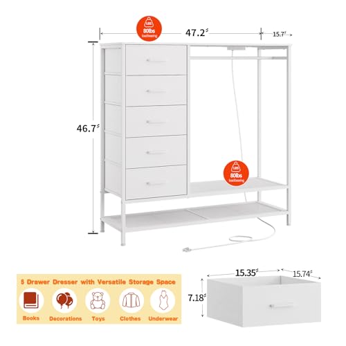 Modern White Dresser with Hanging Rack, LED Lights