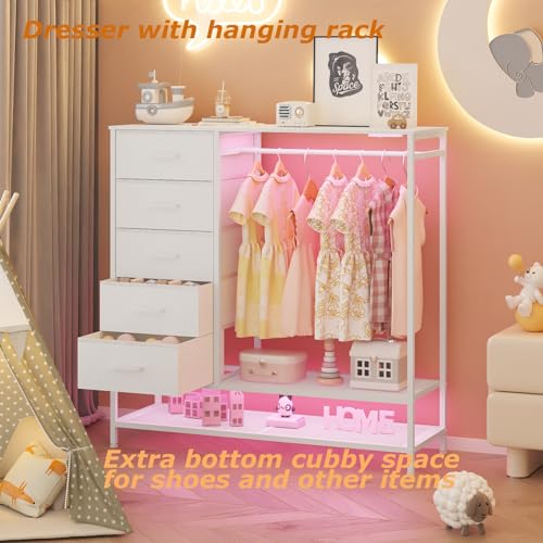 Modern White Dresser with Hanging Rack, LED Lights