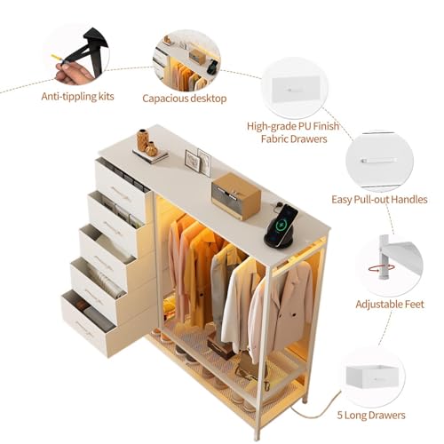Modern White Dresser with Hanging Rack, LED Lights