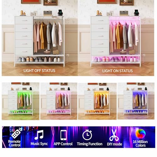 Modern White Dresser with Hanging Rack, LED Lights