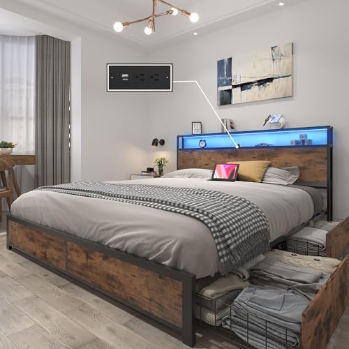 Queen Bed Frame with Storage Headboard, Charging Station