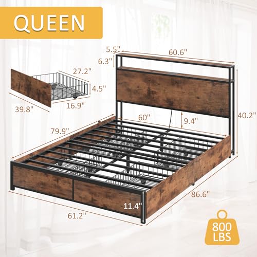 Queen Bed Frame with Storage Headboard, Charging Station