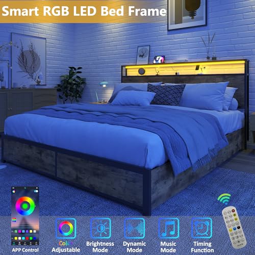 Queen Bed Frame with Storage Headboard, Charging Station