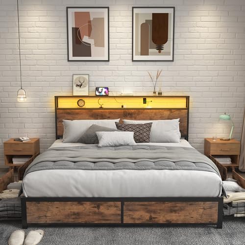 Queen Bed Frame with Storage Headboard, Charging Station