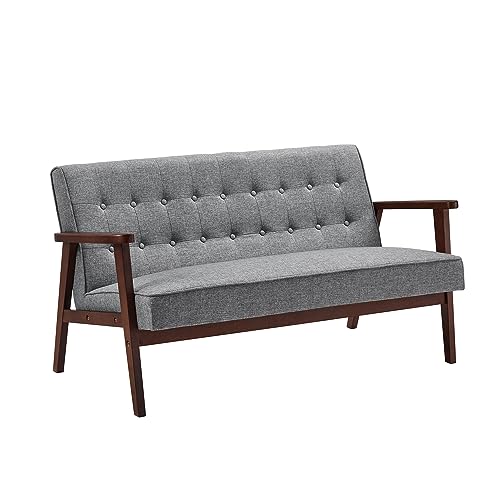 Mid-Century Modern Loveseat Sofa, Dove Gray, Solid Wood armrests