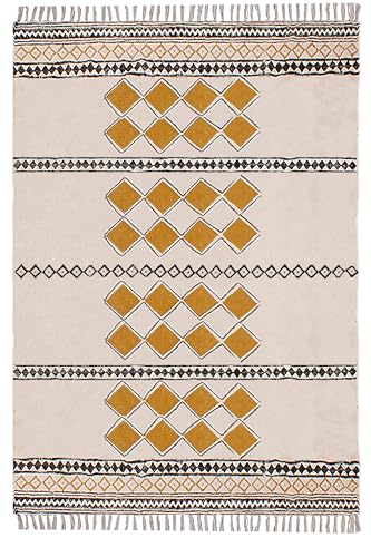 Handmade Cotton Dhurrie Rug in Mustard & Beige