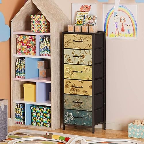 Vintage 6-Drawer Tall Dresser with Fabric Bins
