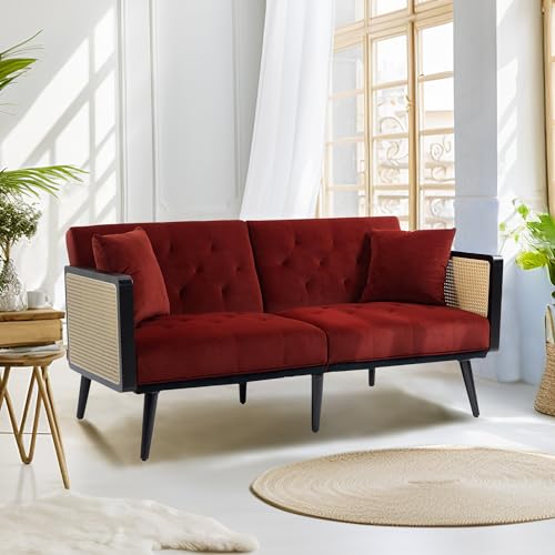 Modern Velvet Sofa with Rattan Armrests and Pillows