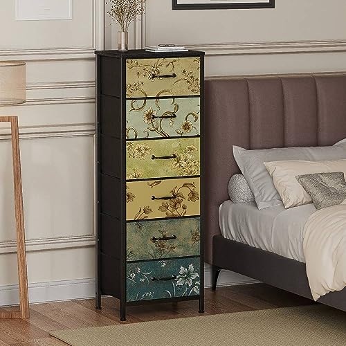 Vintage 6-Drawer Tall Dresser with Fabric Bins