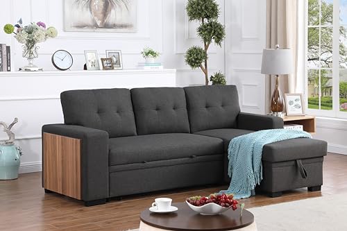 Jintop 92" L-Shape Sleeper Sofa Sectional Couch, Dark Gray