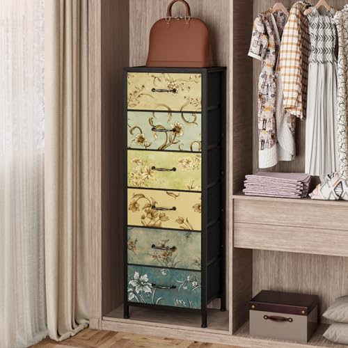 Vintage 6-Drawer Tall Dresser with Fabric Bins