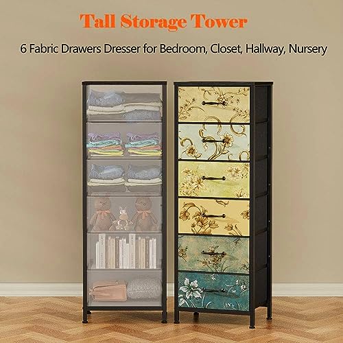 Vintage 6-Drawer Tall Dresser with Fabric Bins