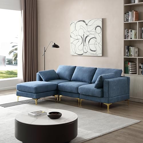 Blue L-Shape Sectional Sofa Couch with Movable Ottoman