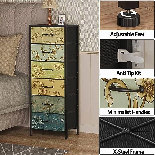 Vintage 6-Drawer Tall Dresser with Fabric Bins
