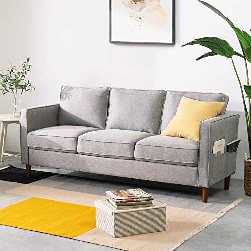 Modern Heather Grey Linen Loveseat with Armrest Pockets