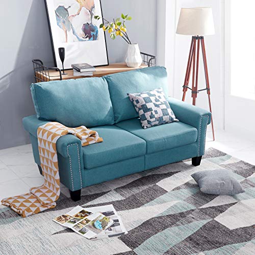 Blue Fabric Loveseat Couch Sofa with Sturdy Wood Frame