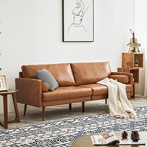 Mid-Century 3-Seater Leather Sofa with Bolster Pillows