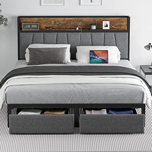 Queen Size Bed Frame with Storage, LED Light