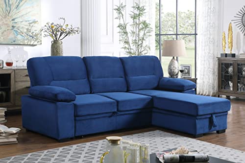 Blue Velvet Reversible Sleeper Sectional with Chaise Sofa