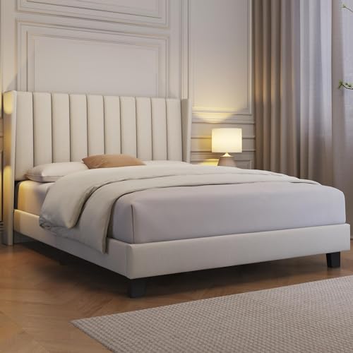 Yaheetech Winged Fabric Upholstered Full Bed Frame, Beige