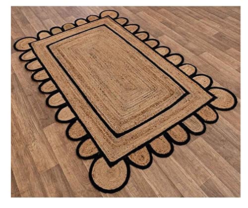 Bohemian Handwoven Jute Scalloped Area Rug, Customizable Rug