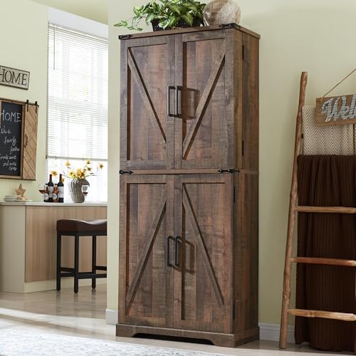 Rustic Wood Kitchen Pantry with Barn Doors, Adjustable Shelves
