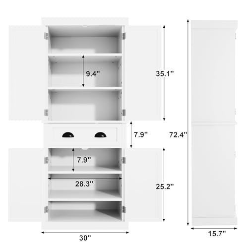 White 72" Tall Pantry Storage Cabinet with Drawer