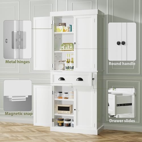 White 72" Tall Pantry Storage Cabinet with Drawer