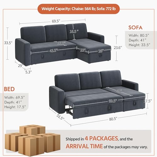 L-Shaped Sofa Bed with Chaise, USB and Storage