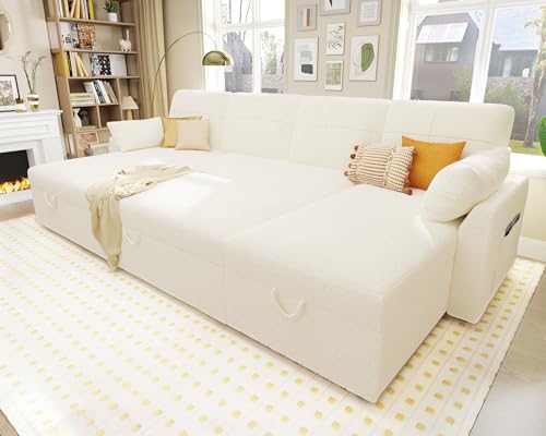 White Boucle Sleeper Sectional Sofa with Double Storage Chaise