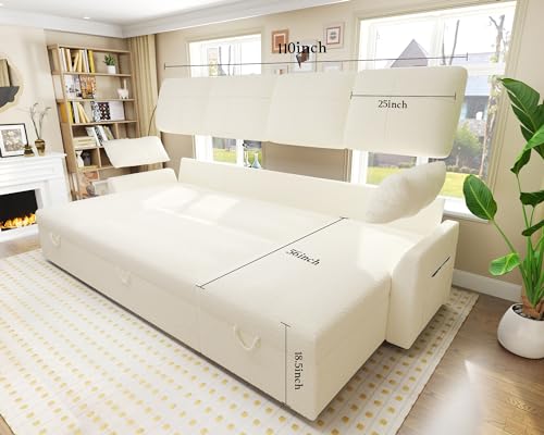 White Boucle Sleeper Sectional Sofa with Double Storage Chaise