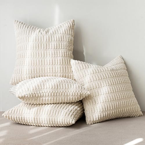 MIULEE Pack of 4 Cream White Corduroy Pillow Covers