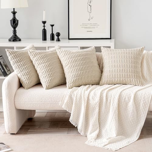 MIULEE Pack of 4 Cream White Corduroy Pillow Covers